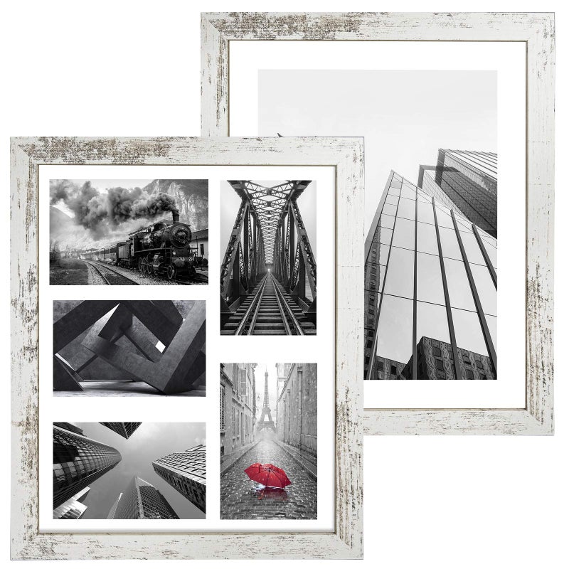 Capcillin 11x14 Picture Frame Wood Pattern Distressed White 2 Pack Real GlassEach Frame with 2 MatsDisplay 8x10 or Five 4x6 Photos with Mat11x14 Picture Without Mat for Wall MountingCP00111x14RW