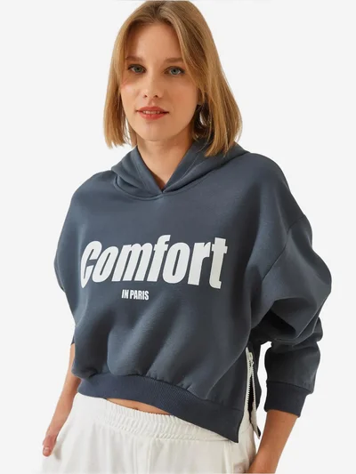 Bianco Lucci LUCCI Hooded Oversized Crop Sweatshirt with Pompom