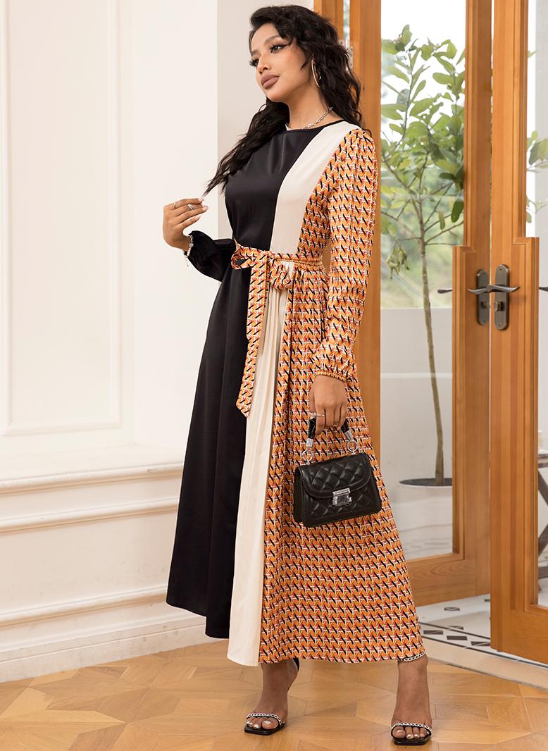 فرايديين انيق دائري هندسي اللون الصامد الربط كم منتظم فساتين ميد اسود - Image 4