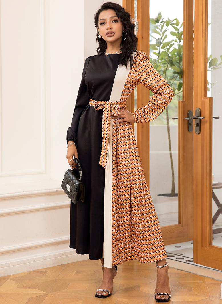 فرايديين انيق دائري هندسي اللون الصامد الربط كم منتظم فساتين ميد اسود - Image 1