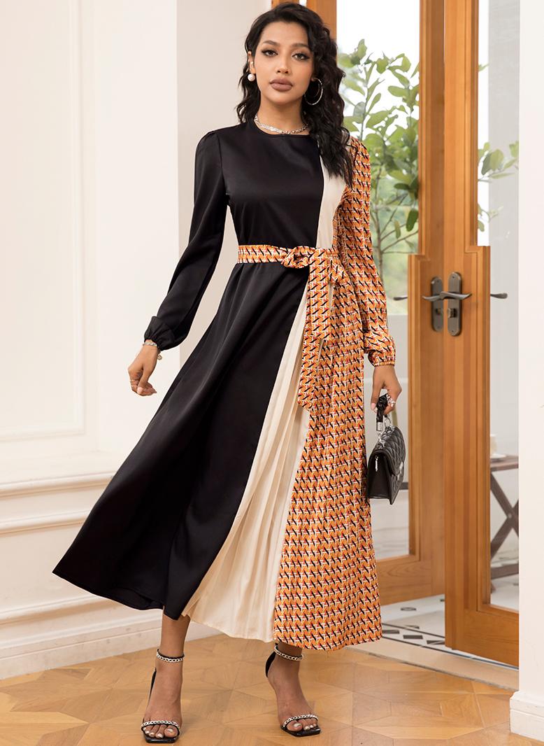 فرايديين انيق دائري هندسي اللون الصامد الربط كم منتظم فساتين ميد اسود - Image 5