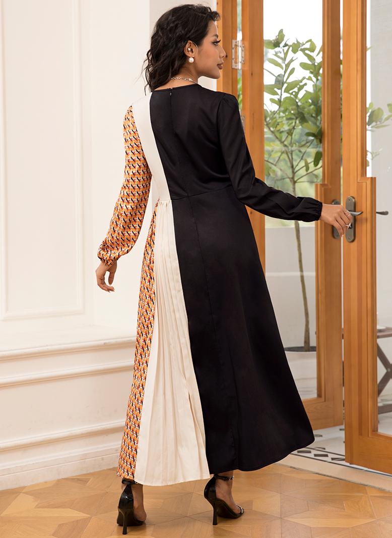 فرايديين انيق دائري هندسي اللون الصامد الربط كم منتظم فساتين ميد اسود - Image 2