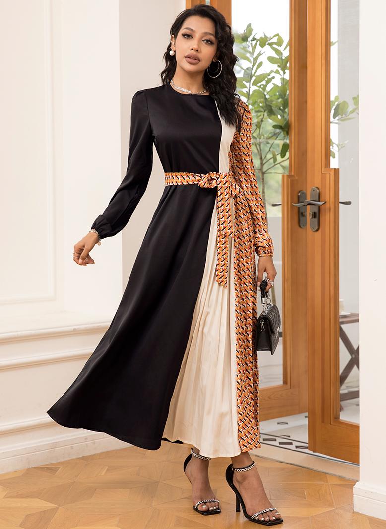 فرايديين انيق دائري هندسي اللون الصامد الربط كم منتظم فساتين ميد اسود - Image 3