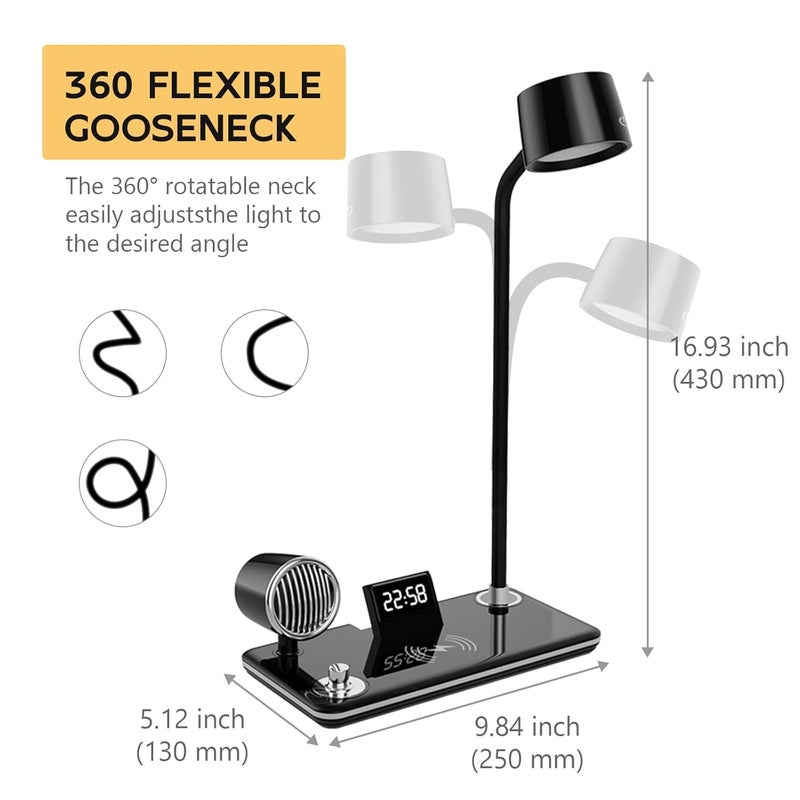 foliam LED 4 in 1 Desk Lamps for Home Office Wireless Charger Small Desk Lamp with Bluetooth Speaker Touch Lamps for nightstand Reading Night Light with Alarm ClockDimmableSide Table Lamp - Image 2