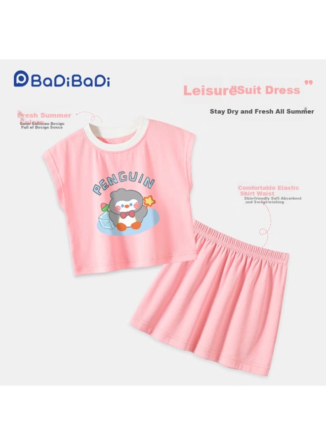 Badibadi Summer Baby Girls' Short Sleeve T-shirt And Skirt Set Pink Ice Cube Penguin 120 - Image 1