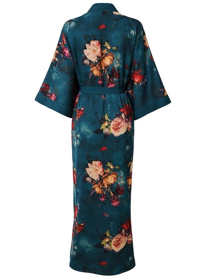 Ledamon Women's Kimono Robe Long for Women - Pocket Floral Bathrobe Nightgown, Dark Green-a, One size - Image 2