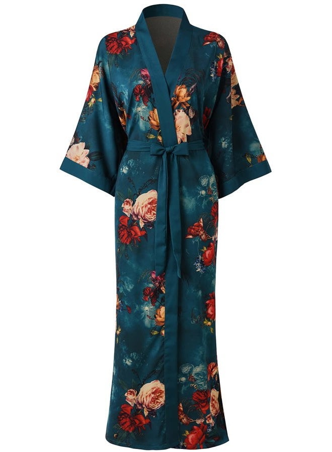 Ledamon Women's Kimono Robe Long for Women - Pocket Floral Bathrobe Nightgown, Dark Green-a, One size - Image 1