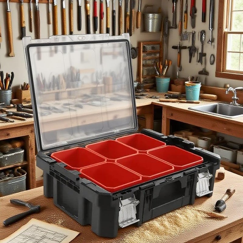 Anyyion Tool Box Organizer, 6 Movable Small Trays,Transparent Cover Plate,Small Component Toolbox, Detachable,Stackable, - Image 5