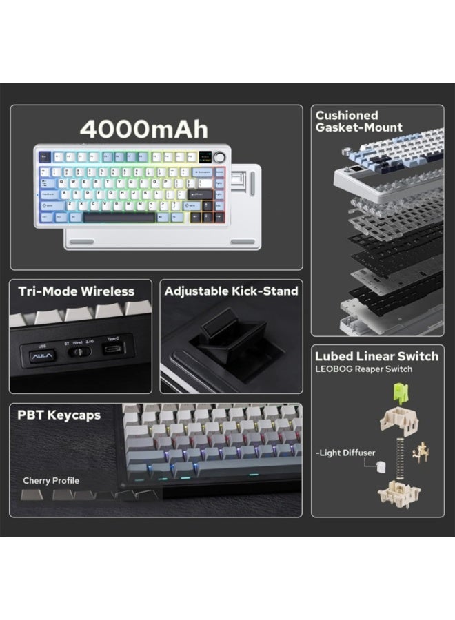 AULA F75 MAX Tri-Mode Wireless Mechanical Gaming Keyboard with TFT Screen & Knob, Reaper Switch, Hot-Swappable Keys, Gasket Mount, 2.4GHz/BT5.0/USB-C, for PC/Mac/Office/Gaming - Image 3