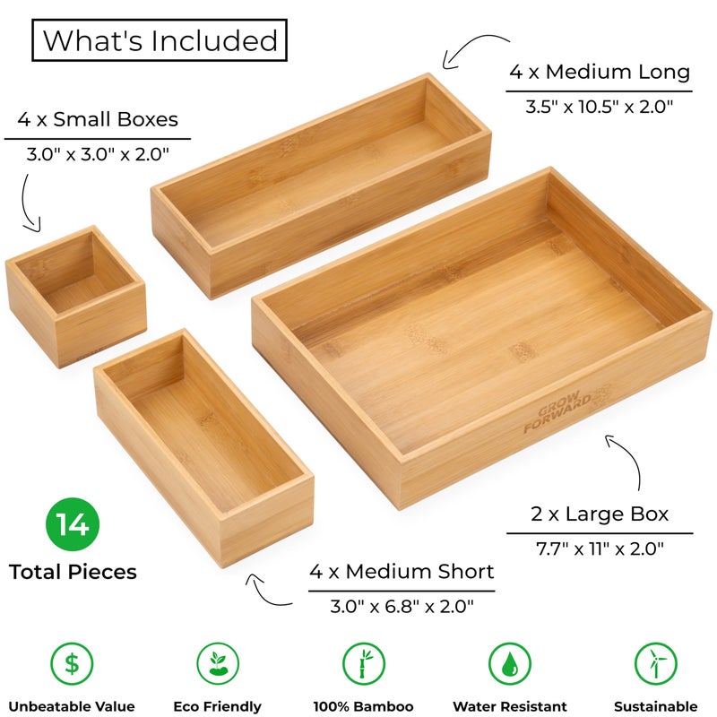 Grow Forward Bamboo Drawer Organizer Boxes - Set of 14 Wooden Drawer Organizers for Kitchen, Bathroom, Office, Desk, Vanity, Makeup - Non-Slip Junk Drawer Organizer Trays for Storage and Organization - Image 3