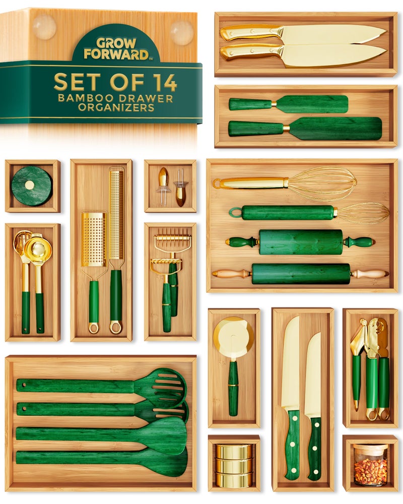 Grow Forward Bamboo Drawer Organizer Boxes - Set of 14 Wooden Drawer Organizers for Kitchen, Bathroom, Office, Desk, Vanity, Makeup - Non-Slip Junk Drawer Organizer Trays for Storage and Organization - Image 1