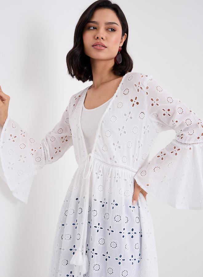 Styli White Schiffli Kimono with Tie-Front - Image 3