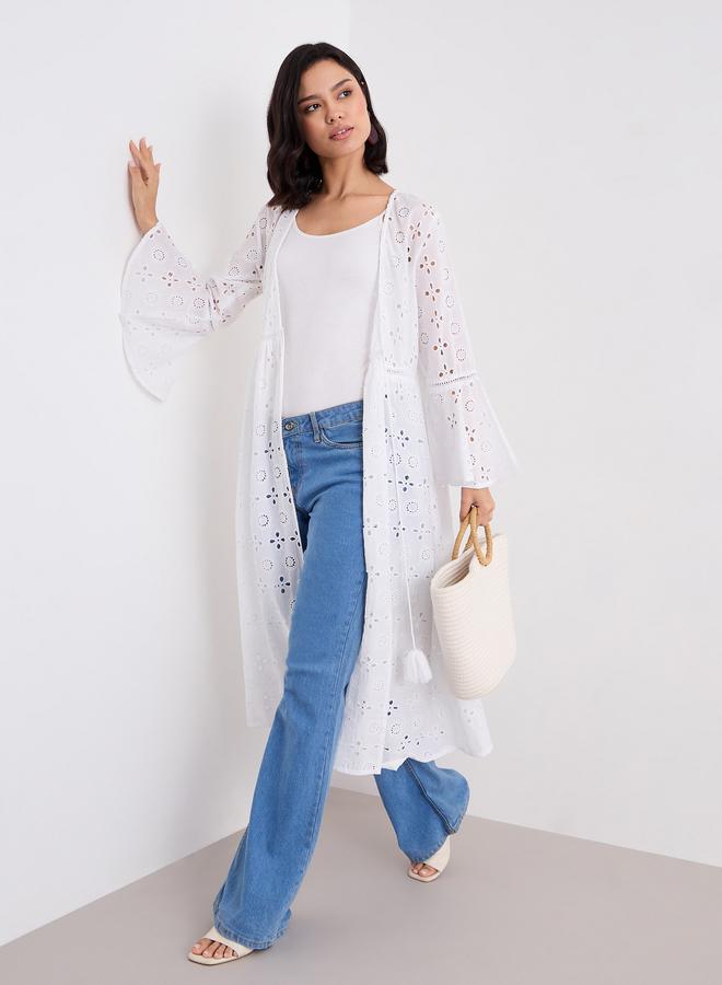Styli White Schiffli Kimono with Tie-Front - Image 1