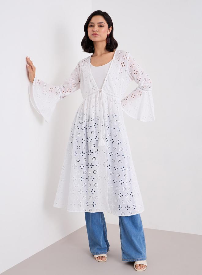 Styli White Schiffli Kimono with Tie-Front - Image 2