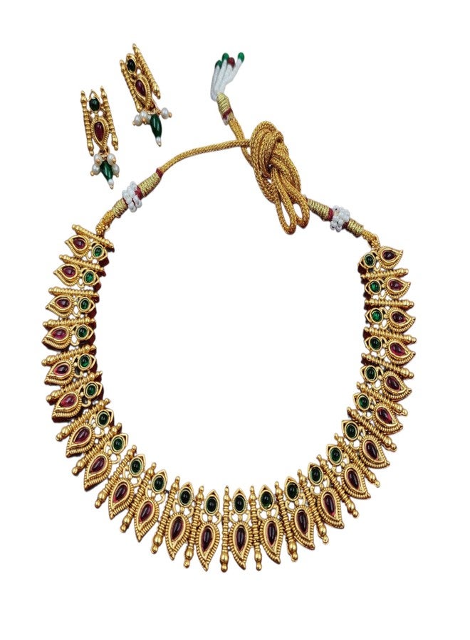 AAIKU Traditional South Indian Temple Jewelry Mango Kairi Design Necklace Set | Antique Gold Plated Choker with Red & Green Stones | Bridal Wedding Jewelry with Matching Earrings for Women & Girls - Image 1