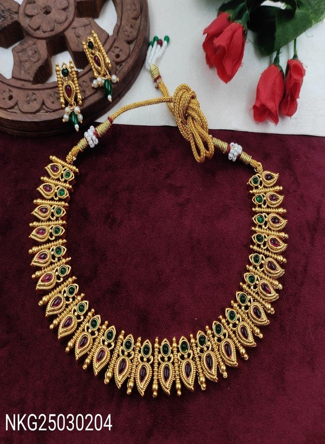 AAIKU Traditional South Indian Temple Jewelry Mango Kairi Design Necklace Set | Antique Gold Plated Choker with Red & Green Stones | Bridal Wedding Jewelry with Matching Earrings for Women & Girls - Image 3