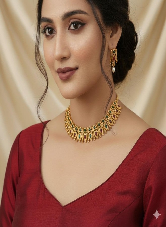 AAIKU Traditional South Indian Temple Jewelry Mango Kairi Design Necklace Set | Antique Gold Plated Choker with Red & Green Stones | Bridal Wedding Jewelry with Matching Earrings for Women & Girls - Image 2