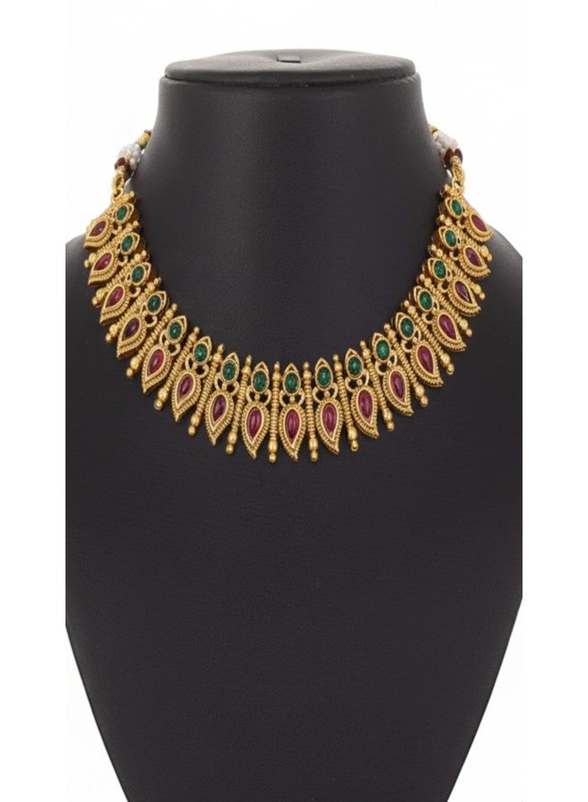 AAIKU Traditional South Indian Temple Jewelry Mango Kairi Design Necklace Set | Antique Gold Plated Choker with Red & Green Stones | Bridal Wedding Jewelry with Matching Earrings for Women & Girls - Image 4