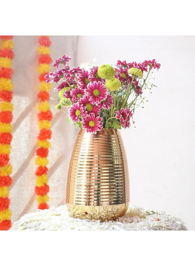Behoma Oval Shape Metal Flower Vase for Home Decor, Ribbed vase for Office Table Decorations, Modern vase, Gift for Anniversary Festival, Valentine's day, 8.7 inches, Golden 1Pc (Flowers not Included) - Image 1