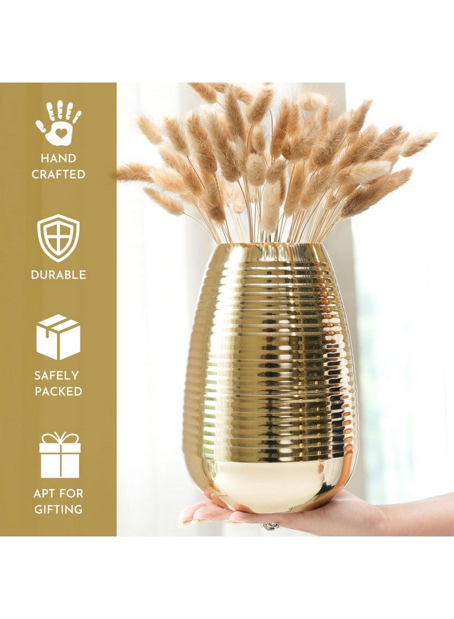Behoma Oval Shape Metal Flower Vase for Home Decor, Ribbed vase for Office Table Decorations, Modern vase, Gift for Anniversary Festival, Valentine's day, 8.7 inches, Golden 1Pc (Flowers not Included) - Image 2