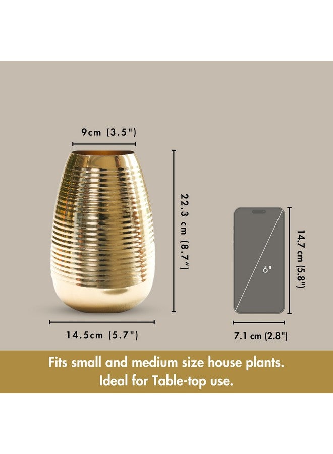 Behoma Oval Shape Metal Flower Vase for Home Decor, Ribbed vase for Office Table Decorations, Modern vase, Gift for Anniversary Festival, Valentine's day, 8.7 inches, Golden 1Pc (Flowers not Included) - Image 4