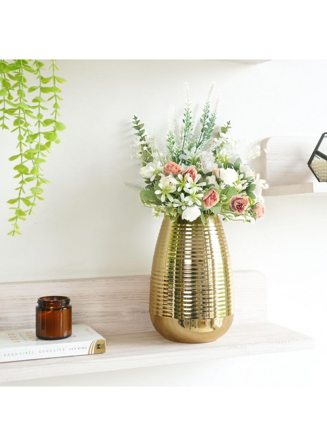 Behoma Oval Shape Metal Flower Vase for Home Decor, Ribbed vase for Office Table Decorations, Modern vase, Gift for Anniversary Festival, Valentine's day, 8.7 inches, Golden 1Pc (Flowers not Included) - Image 5