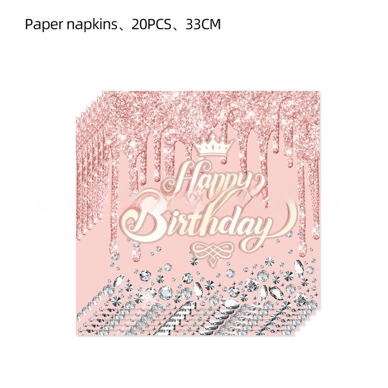 Pink Lotus Diamond Birthday Party Tableware Set Paper Towel 20p-Pink Diamond Birthday 