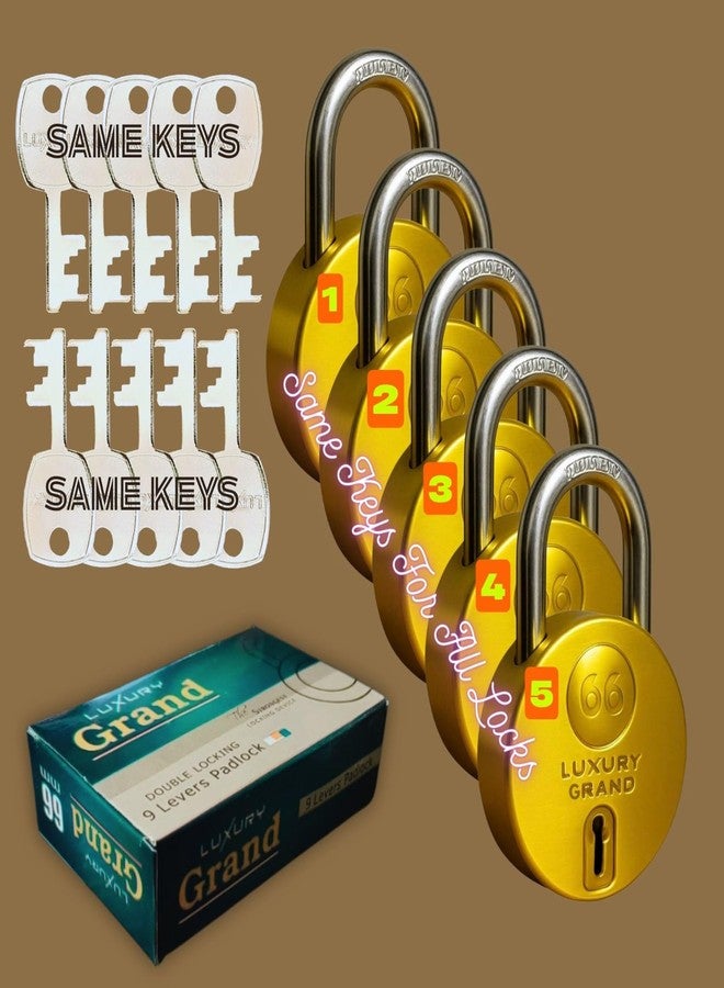 ONEPRO Luxury Grand Round 66mm 5 Padlock with 10 Same Keys, 9 Steel Levers Double Locking, Strong Hardened Corrosion Resistant Shackle Lock and Keys for Home Door Shutter Shop Office Main Gate Gold Finish - Image 1