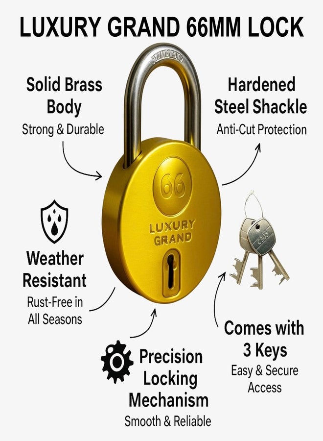 ONEPRO Luxury Grand Round 66mm 5 Padlock with 10 Same Keys, 9 Steel Levers Double Locking, Strong Hardened Corrosion Resistant Shackle Lock and Keys for Home Door Shutter Shop Office Main Gate Gold Finish - Image 3