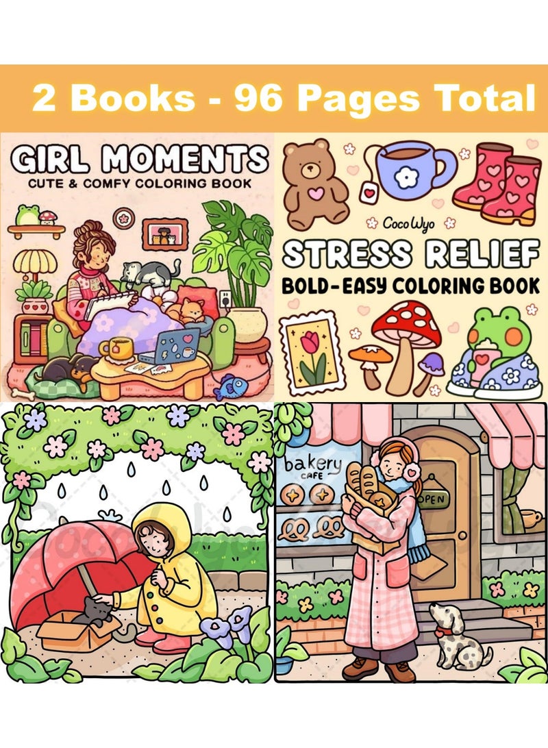 Coloring Book for Adults and Teens(2 Books-96 Pages Total) Girl Moments & Stress Relief  Coloring Books Perfect for Relaxation & Joy , Cozy Spaces Coloring - Image 1
