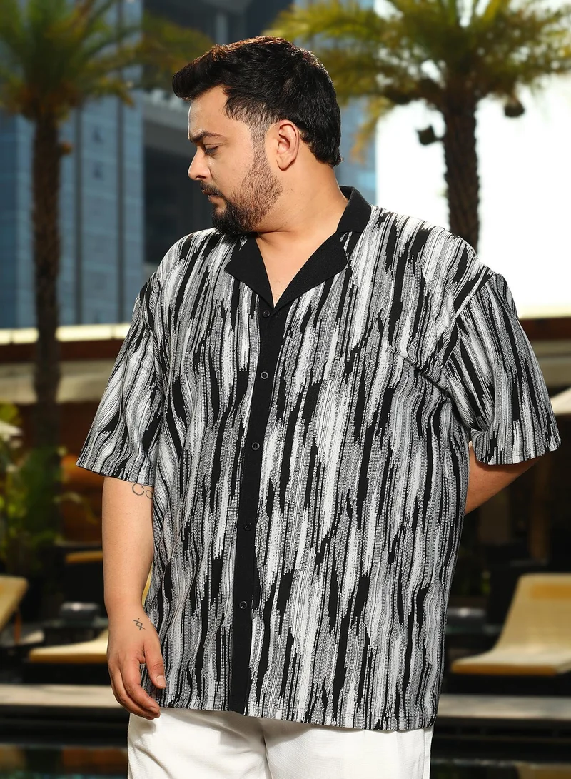 Instafab Plus Instafab Plus Men's Midnight Black & Cream White Fade Cuban Polo Shirt For Casual Wear | Polo Neck | Short Cuffed Sleeves | Button Closure | Plus Size Shirt Crafted With Comfort Fit For Everyday Wear