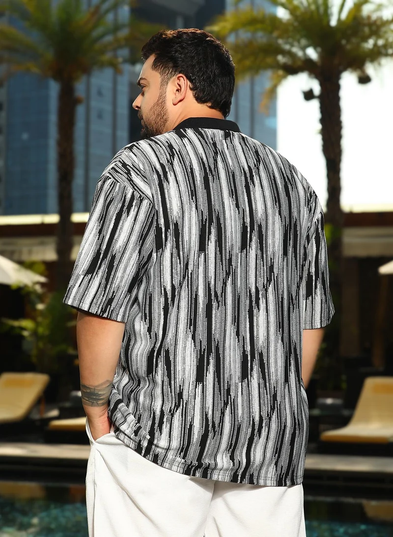 Instafab Plus Instafab Plus Men's Midnight Black & Cream White Fade Cuban Polo Shirt For Casual Wear | Polo Neck | Short Cuffed Sleeves | Button Closure | Plus Size Shirt Crafted With Comfort Fit For Everyday Wear