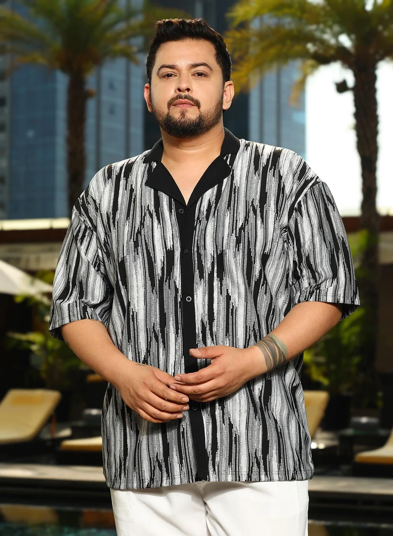 Instafab Plus Instafab Plus Men's Midnight Black & Cream White Fade Cuban Polo Shirt For Casual Wear | Polo Neck | Short Cuffed Sleeves | Button Closure | Plus Size Shirt Crafted With Comfort Fit For Everyday Wear