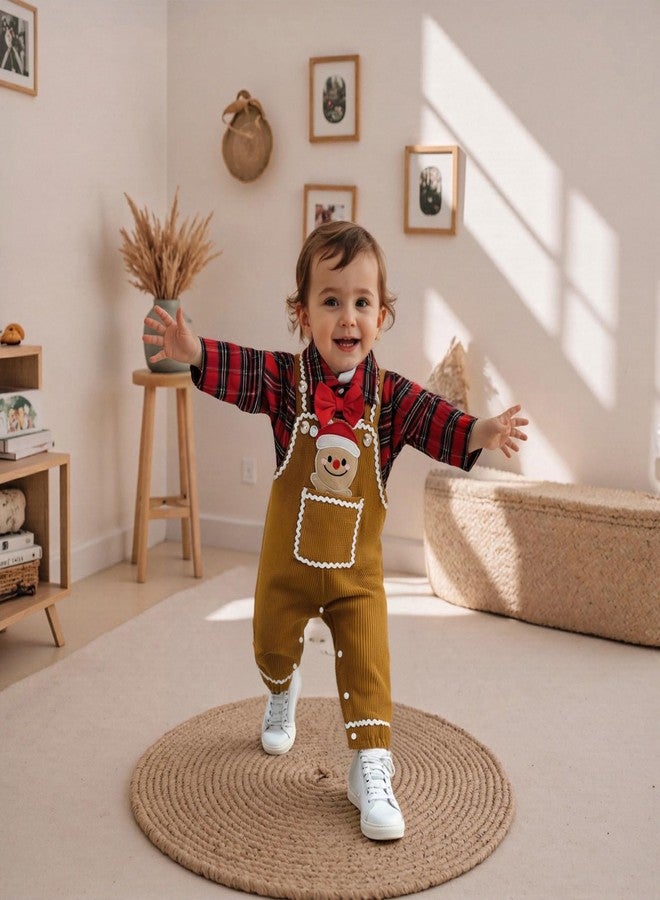 Socutebabe Baby Boy Christmas Outfit Newborn Long Sleeve Button Down Romper Gingerbread Man Pants Overalls Boy Winter Clothes (Red, 9-12 Months) - Image 2