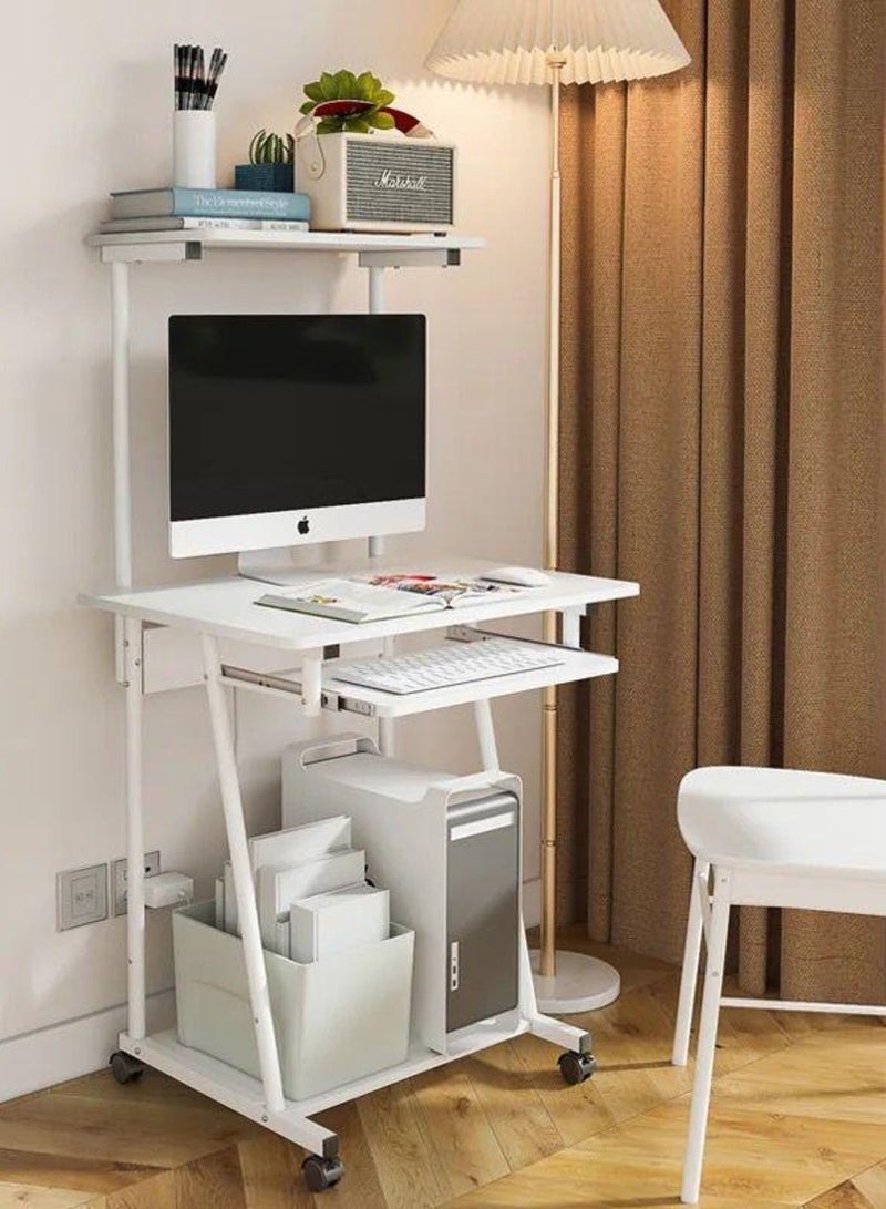 SHEE ONE Compact White Computer Desk with Keyboard Tray & Wheels | Space-Saving Study Table with Top Shelf & Bottom Storage | Ideal for Home, Students & Small Rooms – Size: 126×55×60 cm - Image 1