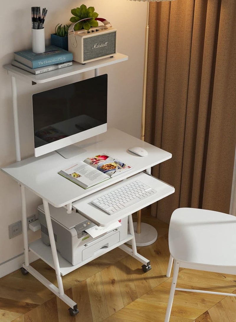SHEE ONE Compact White Computer Desk with Keyboard Tray & Wheels | Space-Saving Study Table with Top Shelf & Bottom Storage | Ideal for Home, Students & Small Rooms – Size: 126×55×60 cm - Image 2
