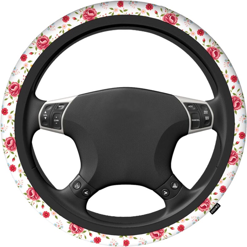 Swono Rose and Leaves Pink Car Steering Wheel Cover Universal 15 Inch with Grip Contours Beautiful Floral Pattern with Red Rose Neoprene Auto for Men and Women Non-Slip Breathable Soft - Image 2