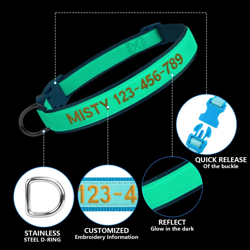 Teal Luminous Dog Collar Upgraded Personalized Anti Lost Padded Fit XS Size - Image 3