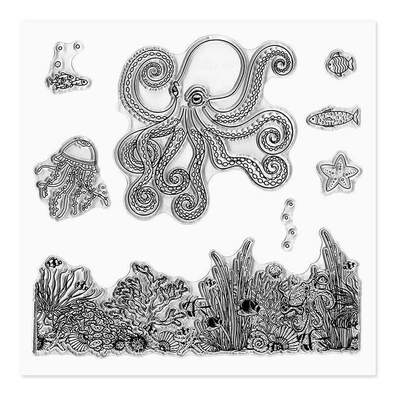 Hying Hying Octopus Jellyfish Starfish Seaweed Clear Stamps for Card Making Summer Sea World Rubber Stamp Ocean Starfish Transparent Stamp for Crafting Embossing Scrapbooking DIY Decoration