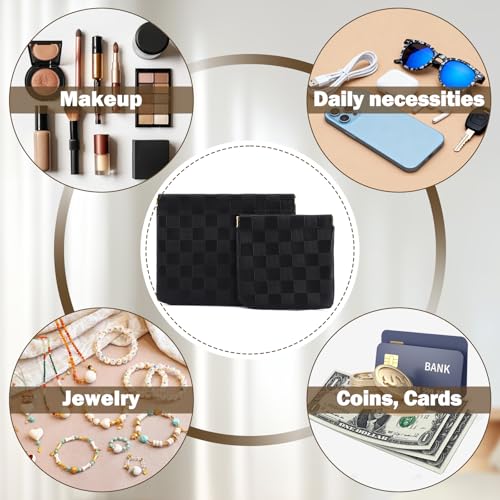 Tiltol 2 PCS Ladies Small Makeup Bag for Purse,Coin Purse Lipstick Cosmetic Accessories Organizer,Travel Pouch,Waterproof No Zipper Self-closing Small Makeup Pouch (Checkered Black) - Image 3