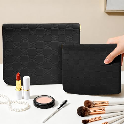 Tiltol 2 PCS Ladies Small Makeup Bag for Purse,Coin Purse Lipstick Cosmetic Accessories Organizer,Travel Pouch,Waterproof No Zipper Self-closing Small Makeup Pouch (Checkered Black) - Image 4