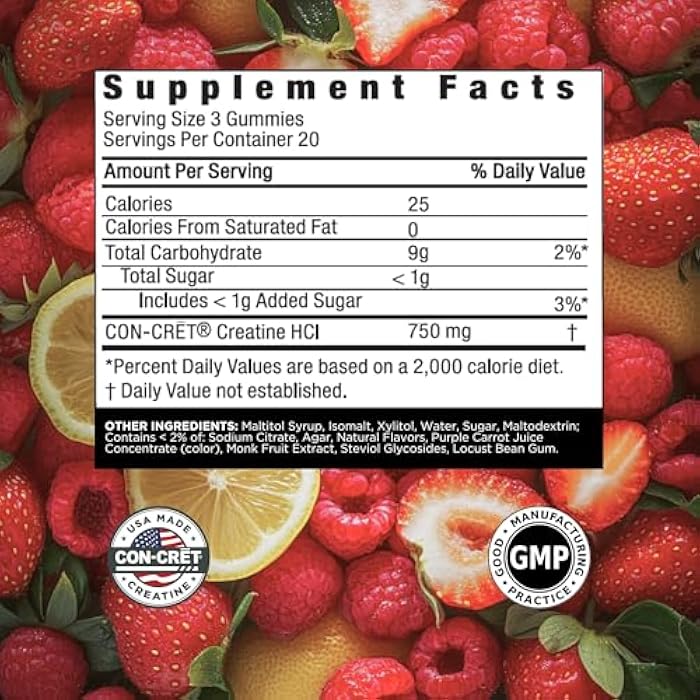 CON-CRET Creatine HCl Gummies for Men & Women | Muscle, Cognitive, Cellular Energy Support | No Bloating or Cramps | USA Made | Berry Zing (60 Count) - Image 3