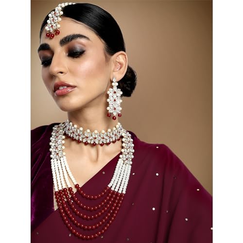 Aheli Wedding Party Wear Bridal Jewellery Choker Long Pearl Necklace Earrings Maang Tikka Indian Traditional Set for Women Girls(Maroon) - Image 2