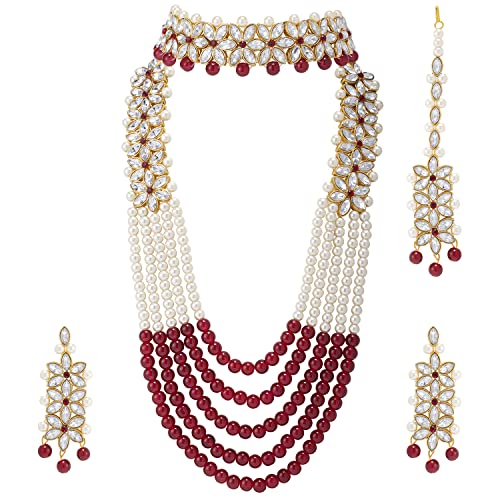 Aheli Wedding Party Wear Bridal Jewellery Choker Long Pearl Necklace Earrings Maang Tikka Indian Traditional Set for Women Girls(Maroon) - Image 1