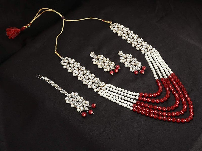 Aheli Wedding Party Wear Bridal Jewellery Choker Long Pearl Necklace Earrings Maang Tikka Indian Traditional Set for Women Girls(Maroon) - Image 3