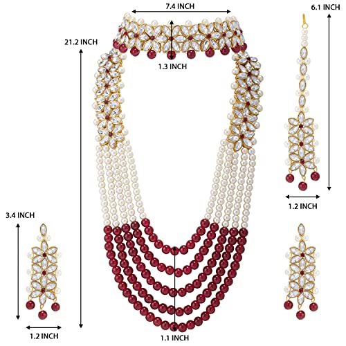 Aheli Wedding Party Wear Bridal Jewellery Choker Long Pearl Necklace Earrings Maang Tikka Indian Traditional Set for Women Girls(Maroon) - Image 4