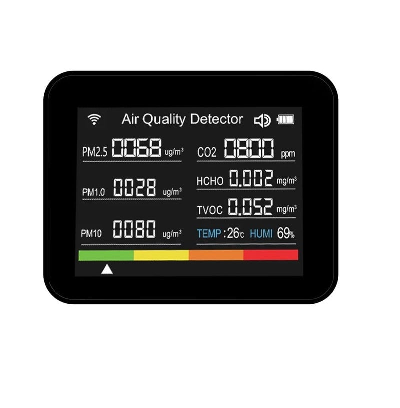 amiciSense 13-in-1 WiFi Air Quality Monitor: Comprehensive CO2, Temperature, Humidity, TVOC, HCHO Monitoring, Integrated Desktop Clock with Alarm & Stopwatch, AQI - Image 1