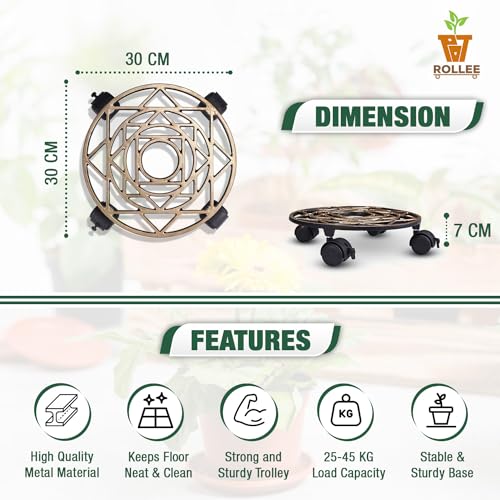 Sharpex Pack of 1 Metal Caddy Iron Dolly on Round Rack Rustproof Sturdy Potted Indoor Outdoor Plant Stand/Trolley with Locking Wheels for Balcony, Living Room, Home and Garden (Gold) - Image 2