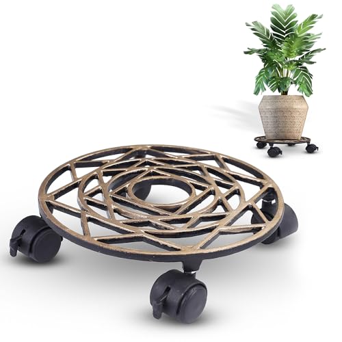Sharpex Pack of 1 Metal Caddy Iron Dolly on Round Rack Rustproof Sturdy Potted Indoor Outdoor Plant Stand/Trolley with Locking Wheels for Balcony, Living Room, Home and Garden (Gold) - Image 1