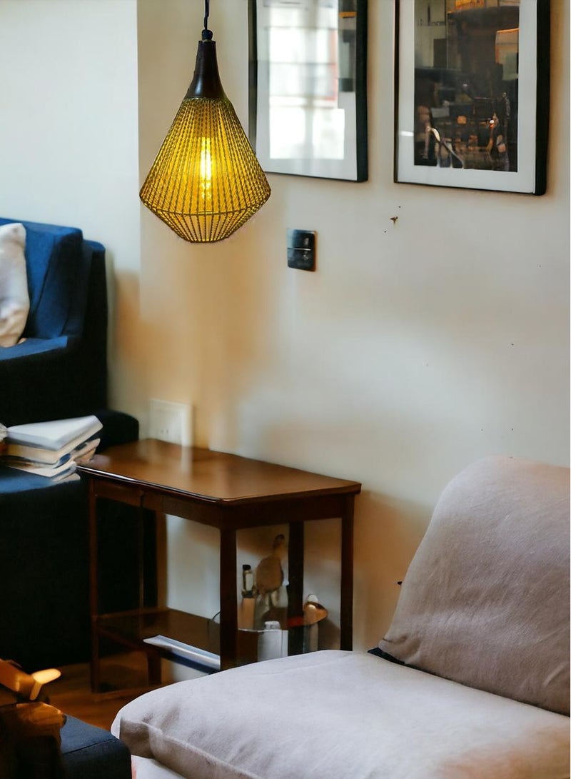 European Brass Twisted Metal Wire Frame Hanging Light, Original Wood Accent,  High-Quality Adjustable Wire, Warm & Cozy Lighting, Versatile Design, Easy Installation,  E27 Lamp Holder – Compatible with LED, Edison, and filament bulbs, Durable & Long-Lasting,  Perfect for- Home interiors, restaurants, loft-style spaces, coffee shops, and more.  - Image 1